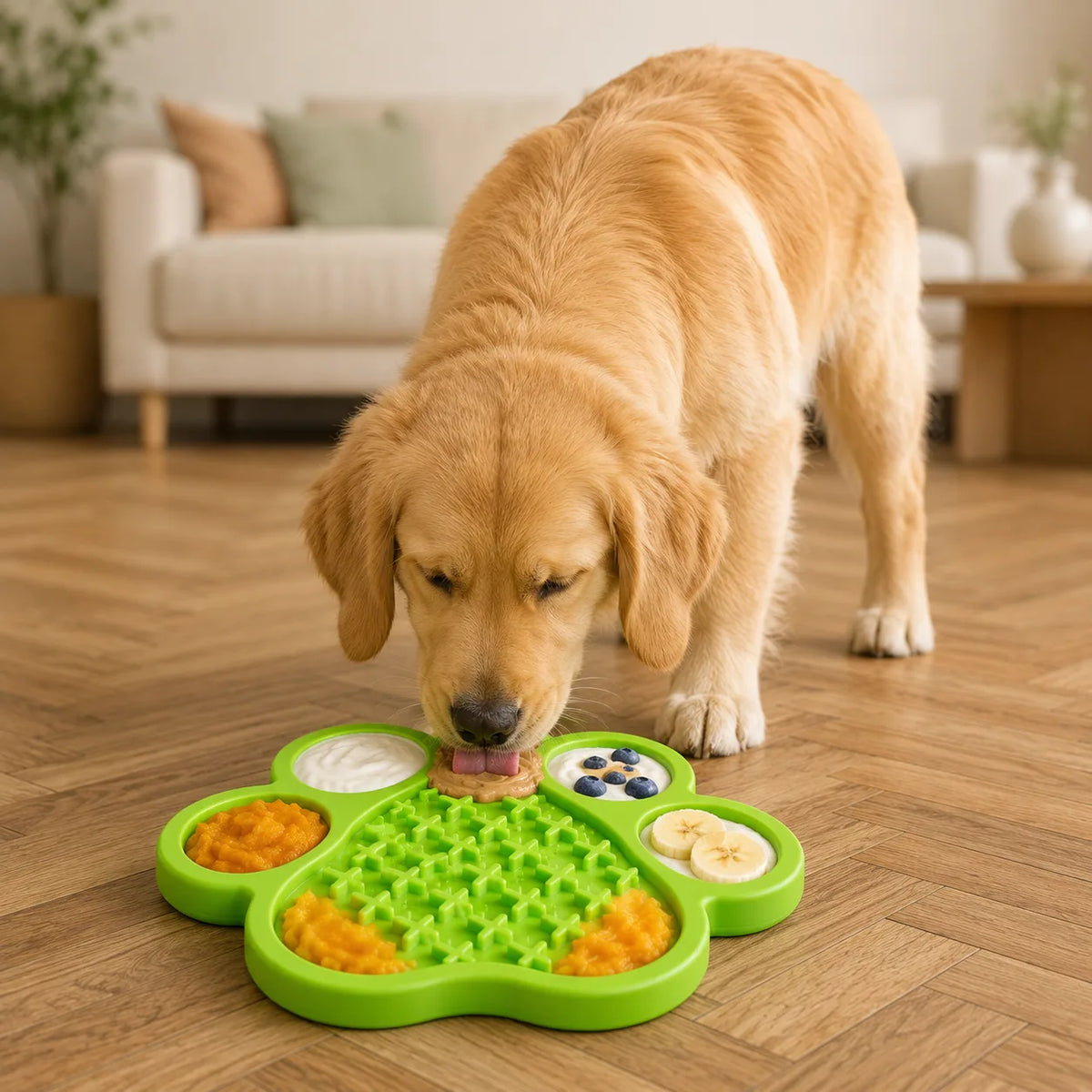 Tapis de léchage vert - chien concentré à lécher pour se détendre